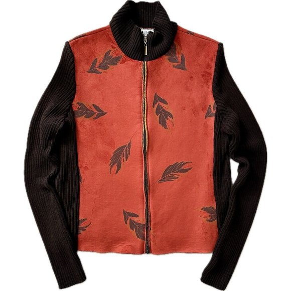 ROBERT KITCHEN CANADA Faux Suede Orange Brown Leaf Full Zip Cardigan Size Large - Picture 1 of 11